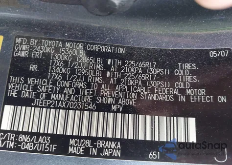 2007 Toyota Highlander Limited V6 z USA, uszkodzony, nr VIN JTEEP21AX70231546